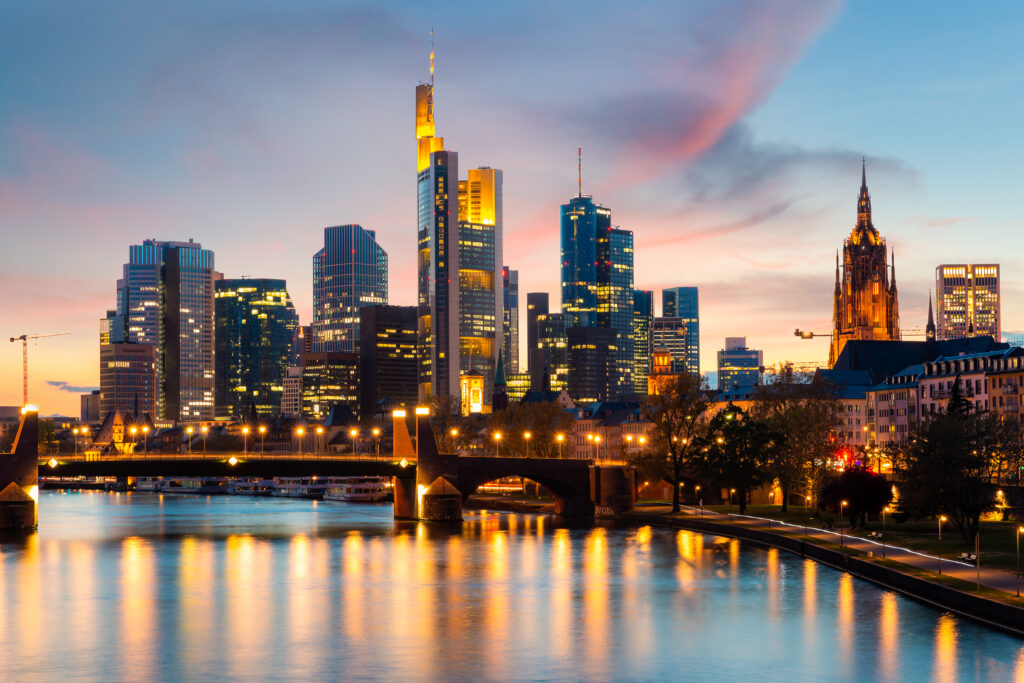 Frankfurt am main urban skyline with skyscrapers building at night in Frankfurt, Germany