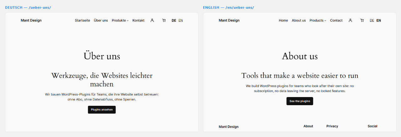 The same WordPress page side by side: the English original at /about/ and the German translation at /de/about/, with a DE EN language switcher in the header