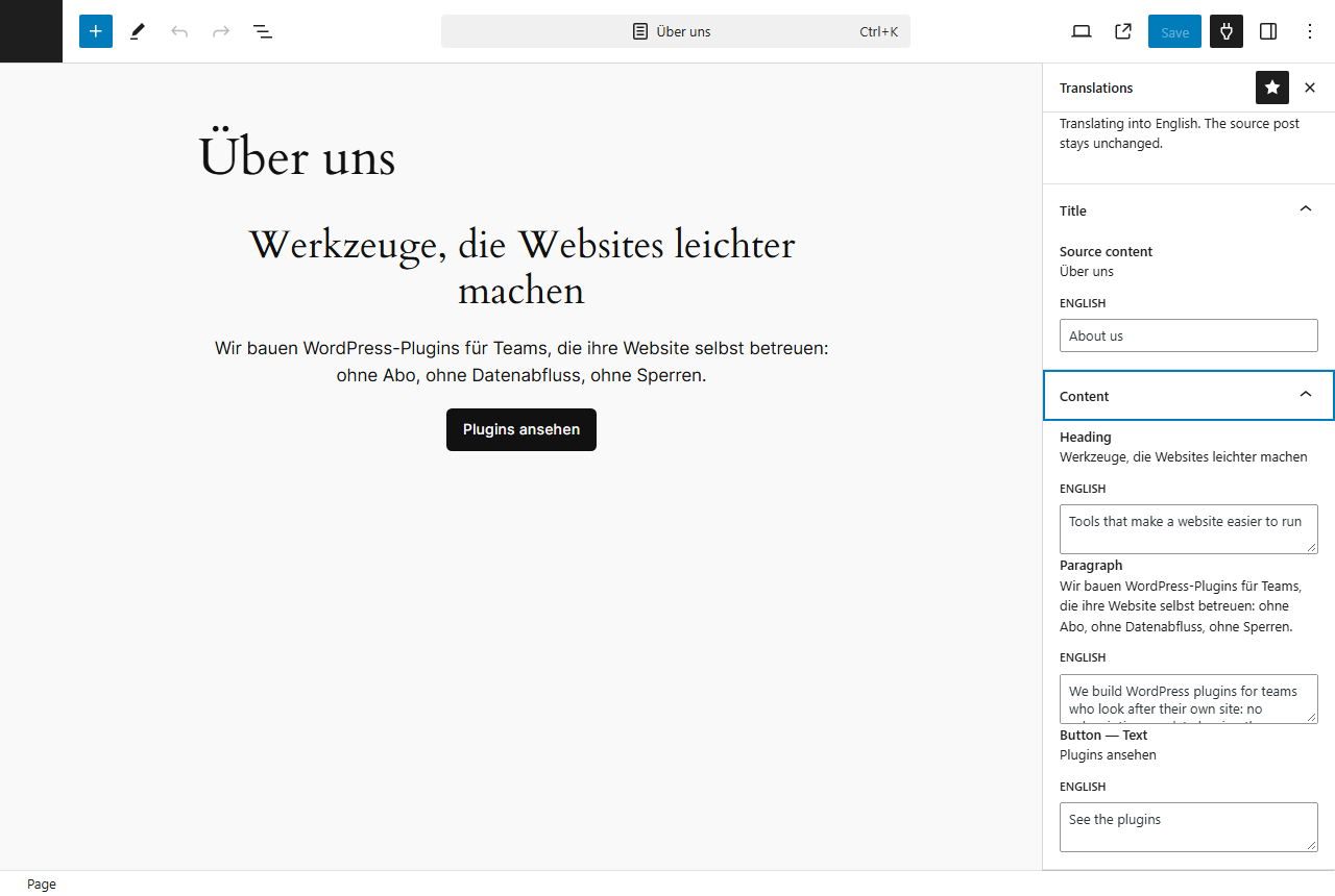 The Mant Multilingual sidebar in the WordPress block editor, translating a page heading, paragraph and button one field at a time beside the German original